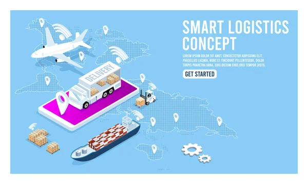 Smart Global logistic service isometric concept with export, import, warehouse business and transport. Vector illustration EPS 1