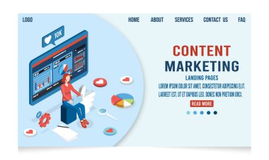 3D isometric content marketing landing page for creative blog post. Blogger character, web banner. Vector illustration eps10