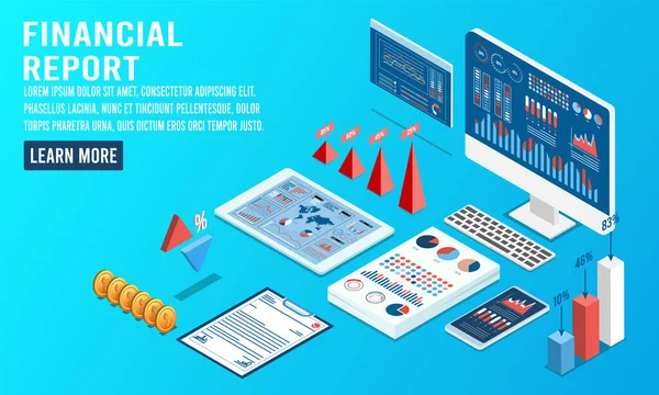 Isometric Financial Report Diagrams Graphs Financial Analytic Business Infographic Elements — Archivo Imágenes Vectoriales
