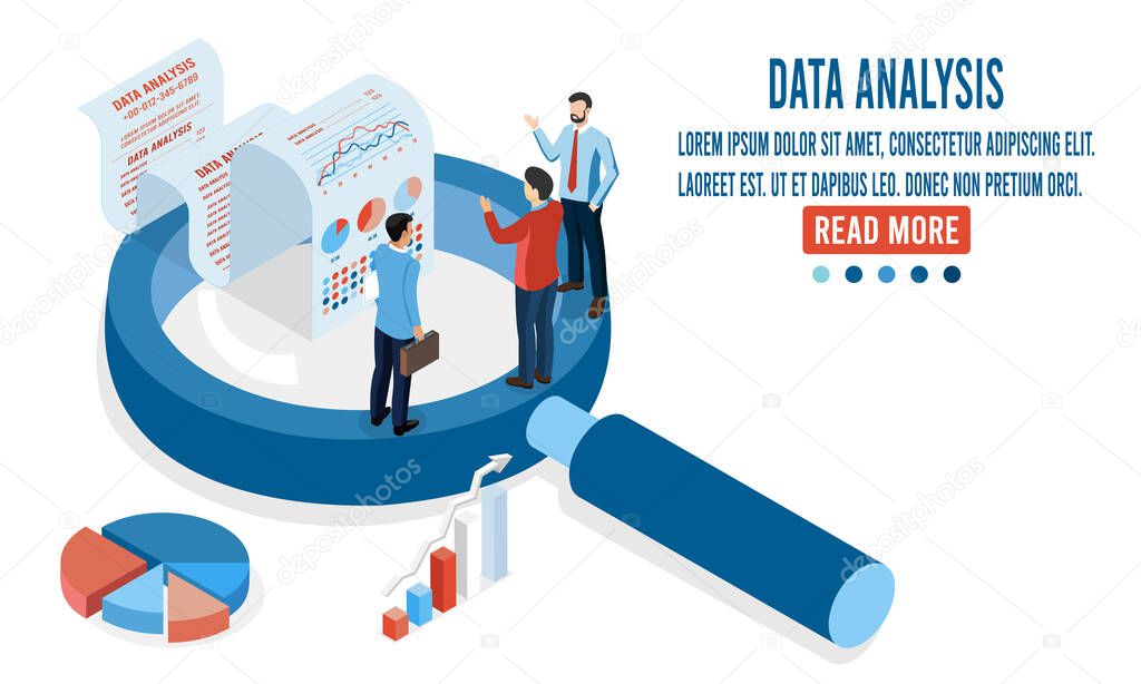 Modern 3d isometric design concept of Data Analysis with business people team working with Data Visualization for website and mobile website. Vector Illustration eps10