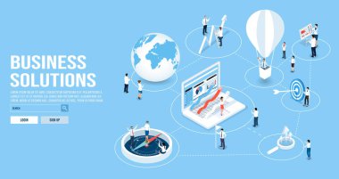 3D isometric Business solutions concept with office workers process a business strategy or financial goal. Vector illustration eps10