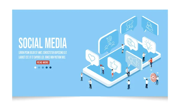 3D isometric Social media concept with people using mobile tablet and smartphone for sending posts, Hashtag and sharing. Vector illustration eps10