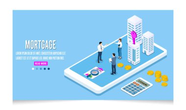 Minicik apartman alacaklıları, ev kredisi, kira, emlakçı ve ipotek konsepti. 3B Isometric Vektör İllüstrasyon Eps 10.