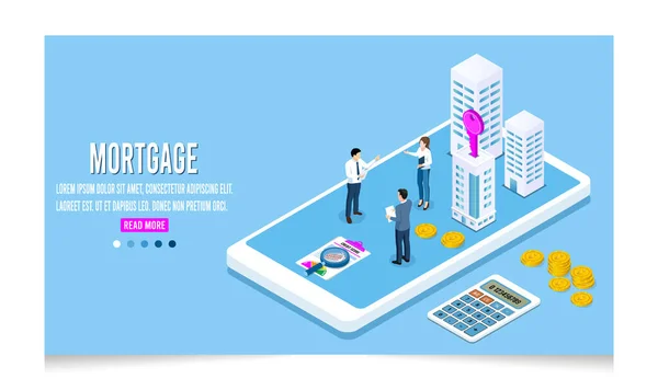 Flat tiny building purchase debt person's, House Loan, Rent, Real Estate Agent and Mortgage concept. 3D Isometric Vector Illustration Eps 10.