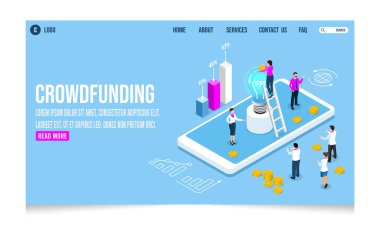 3D isometric Crowdfunding concept for business startup, innovation, donation, charity platform, platform, Contribution, Collaborative. Innovation and technologies.  Vector illustration eps10