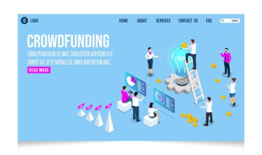 3D isometric Crowdfunding concept for business startup, innovation, donation, charity platform, platform, Contribution, Collaborative. Innovation and technologies.  Vector illustration eps10