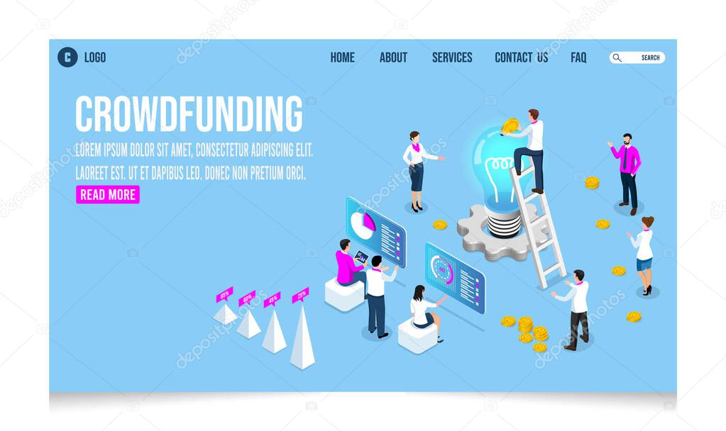 3D isometric Crowdfunding concept for business startup, innovation, donation, charity platform, platform, Contribution, Collaborative. Innovation and technologies.  Vector illustration eps10