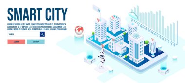 Akıllı hizmetler, internet, ağ, kamu parkı, artırılmış gerçeklik kavramı içeren 3D izometrik Smart City konsepti. Vektör illüstrasyonu E10