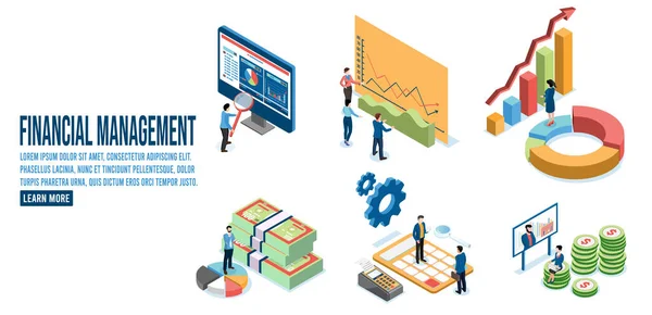 Isometric Set Financial Management Diagrams Graphs Financial Analytic Business Infographic — Image vectorielle