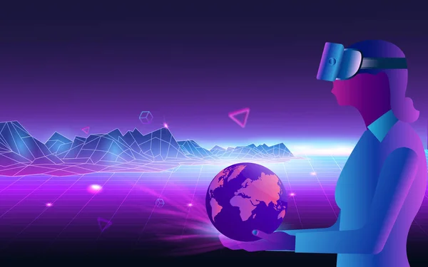 Concept Future Digital Technology Metaverse Female Holding Virtual World Colorful — Stock vektor