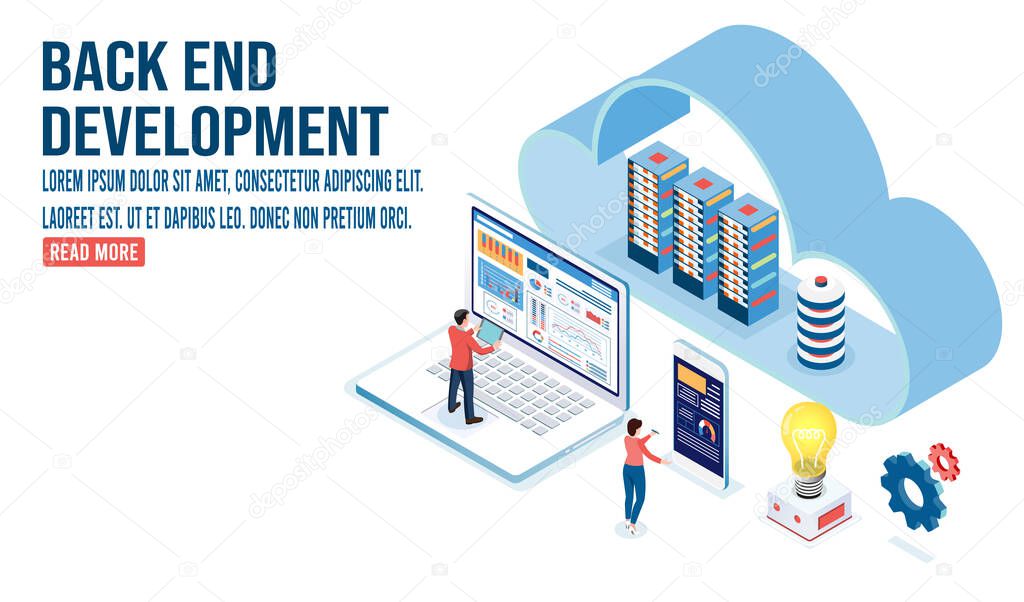 3d isometric Front and Back end development concept with coding and programming, studying with computers scene, Online IT courses, esponsive web design.  Illustration eps10