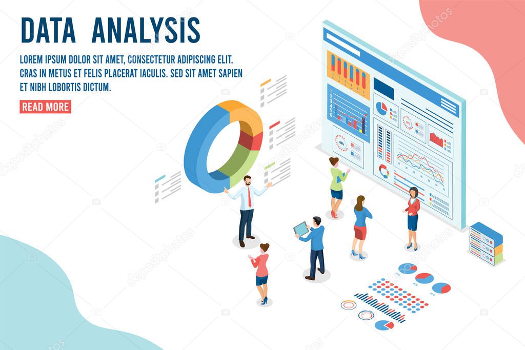Modern 3d isometric design concept of Data Analysis with business people team working with Data Visualization for website and mobile website. Vector Illustration eps10