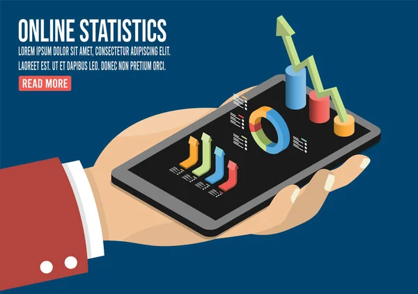 Isometric Online Statistics Concept Human Hands Holding Mobile Phone Development — Stock Vector