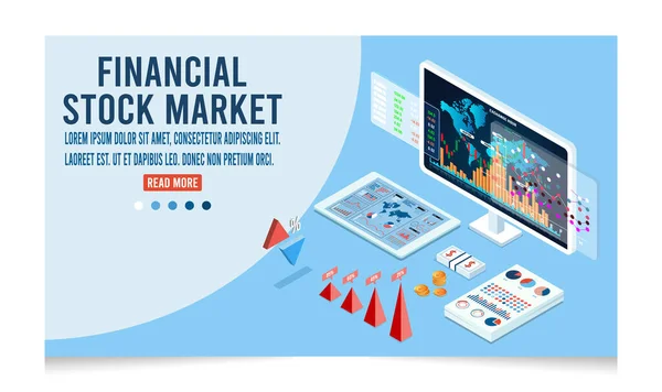 Isometric Stock Marketing Application Concept Online Statistic Data Analytics Finance — Stockový vektor