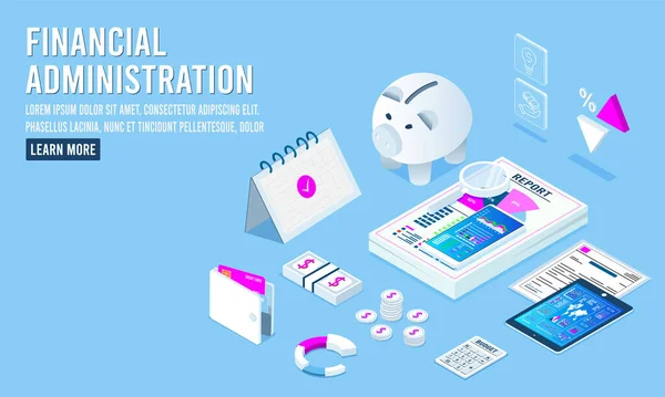 Isometric Set Financial Administration Diagrams Graphs Financial Analytic Business Infographic — Stok Vektör