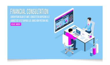 3d isometric of Financial Consultation concept with Financial experts and clients discuss personal money advice and investment management. Vector illustration eps10
