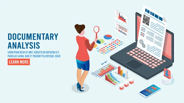 Modern 3d isometric design concept of Documentary analysis with business people team working with Data Visualization for website and mobile website. Vector Illustration eps10