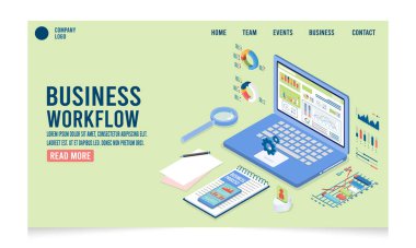 Veri yatırımı, proje yönetimi, iş iletişimi grafikleri ve kağıtlarıyla 3D izometrik iş akışı. Vektör illüstrasyon eps10.