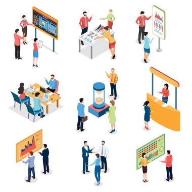 Ofis çalışanlarıyla olan 3D izometrik iş aktiviteleri konsepti çalışma takvimi ve planlama sürecini işliyor. Web siteleri ve mobil web siteleri için modern moda kavramları. Vektör illüstrasyonu E10