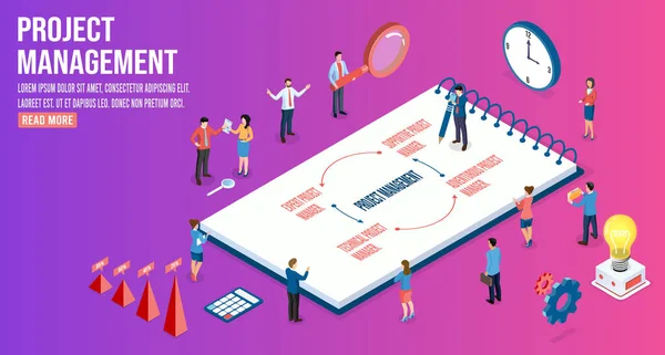 Isometric Project Management Concept People Working Diagrams Graphs Financial Analytic — Wektor stockowy