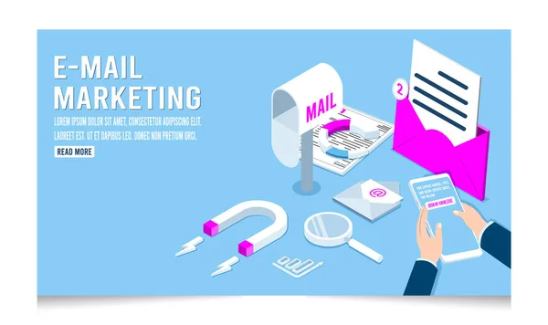 Isometric Mail Marketing Concept Email Inbox Electronic Communication Marketing Research — Stok Vektör