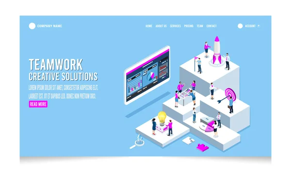 Isometric Teamwork Creative Solutions Concept People Working Study Business Startup — Stock Vector