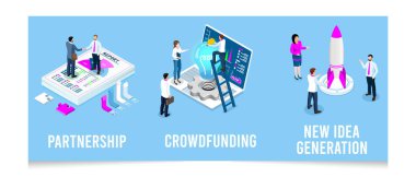 3D isometric Cooperation and teamwork concept with Business people shake hands after negotiation, Crowdfunding and partnership. Eps10 vector illustration