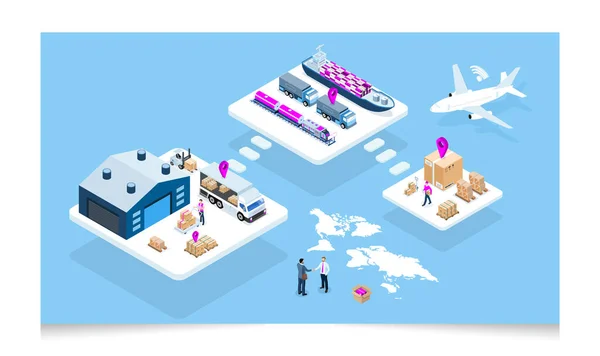 3D isometric concept of Global logistic network and Smart Logistics with Delivery, transport, export, import, cargo and more.
