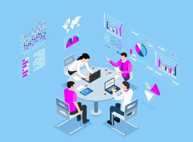 3D isometric Teamwork Creative solutions concept with people working or study for Business startup, Data Analysis, Business Statistic, Management. Vector illustration eps10