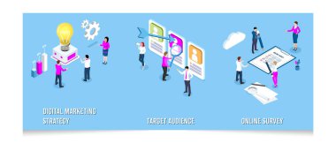 Ticari ve sosyal medya pazarlama, mobil reklamcılık, içerik pazarlama, iş analizi, içerik stratejisi ve yönetim için 3D izometrik dijital pazarlama kavramı. Vektör illüstrasyonu E10