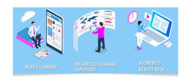 Set of 3D isometric E-learning platform, innovative education and online courses concept. Can use for web banner or infographics. Vector illustration eps10