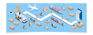 Ulaşım Operasyon Servisi, İhracat, İthalat, Kargo, Hava, Yol, Denizcilik Teslimatı ile 3D izometrik Global lojistik ağı kavramı. Vektör illüstrasyonu EPS 10