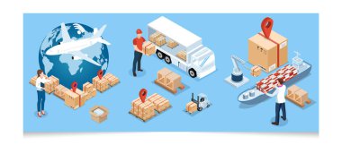 Ulaşım Operasyon Servisi, İhracat, İthalat, Kargo, Hava, Yol, Denizcilik Teslimatı ile 3D izometrik Global lojistik ağı kavramı. Vektör illüstrasyonu EPS 10