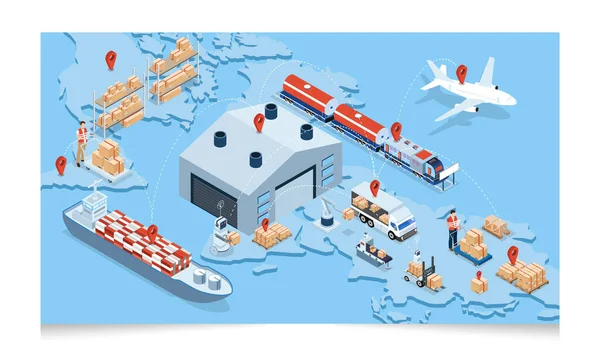 Concept Réseau Logistique Mondial Isométrique Avec Service Exploitation Transport Exportation — Image vectorielle