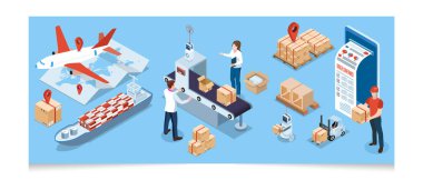 Ulaşım Operasyon Servisi, İhracat, İthalat, Kargo, Hava, Yol, Denizcilik Teslimatı ile 3D izometrik Global lojistik ağı kavramı. Vektör illüstrasyonu EPS 10