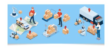 Ulaşım Operasyon Servisi, İhracat, İthalat, Kargo, Hava, Yol, Denizcilik Teslimatı ile 3D izometrik Global lojistik ağı kavramı. Vektör illüstrasyonu EPS 10