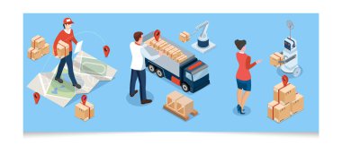 Ulaşım Operasyon Servisi, İhracat, İthalat, Kargo, Hava, Yol, Denizcilik Teslimatı ile 3D izometrik Global lojistik ağı kavramı. Vektör illüstrasyonu EPS 10
