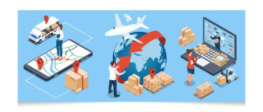Ulaşım Operasyon Servisi, İhracat, İthalat, Kargo, Hava, Yol, Denizcilik Teslimatı ile 3D izometrik Global lojistik ağı kavramı. Vektör illüstrasyonu EPS 10