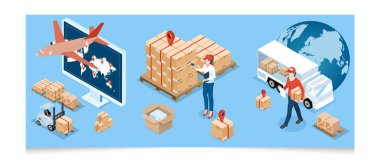 Ulaşım Operasyon Servisi, İhracat, İthalat, Kargo, Hava, Yol, Denizcilik Teslimatı ile 3D izometrik Global lojistik ağı kavramı. Vektör illüstrasyonu EPS 10