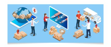 Ulaşım Operasyon Servisi, İhracat, İthalat, Kargo, Hava, Yol, Denizcilik Teslimatı ile 3D izometrik Global lojistik ağı kavramı. Vektör illüstrasyonu EPS 10