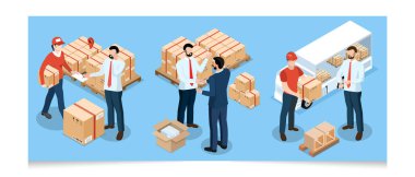 Ulaşım Operasyon Servisi, İhracat, İthalat, Kargo, Hava, Yol, Denizcilik Teslimatı ile 3D izometrik Global lojistik ağı kavramı. Vektör illüstrasyonu EPS 10