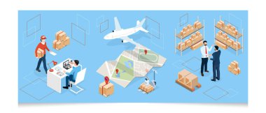 Ulaşım Operasyon Servisi, İhracat, İthalat, Kargo, Hava, Yol, Denizcilik Teslimatı ile 3D izometrik Global lojistik ağı kavramı. Vektör illüstrasyonu EPS 10