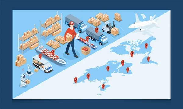 Concept Réseau Logistique Mondial Isométrique Avec Service Exploitation Transport Exportation — Image vectorielle