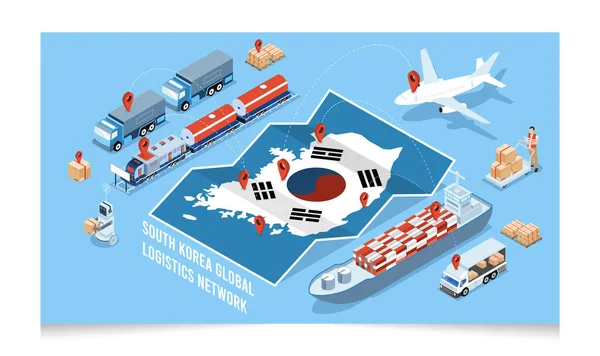 Concept Réseau Logistique Isométrique Corée Sud Avec Logistique Globale Logistique — Image vectorielle