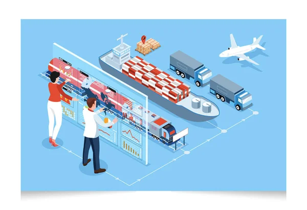 Isometric Global Logistics Network Concept Transportation Operation Service Export Import — Stock Vector