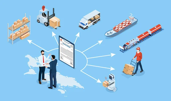 Isometrisch Globaal Logistiek Netwerk Concept Met Transport Service Export Import — Stockvector