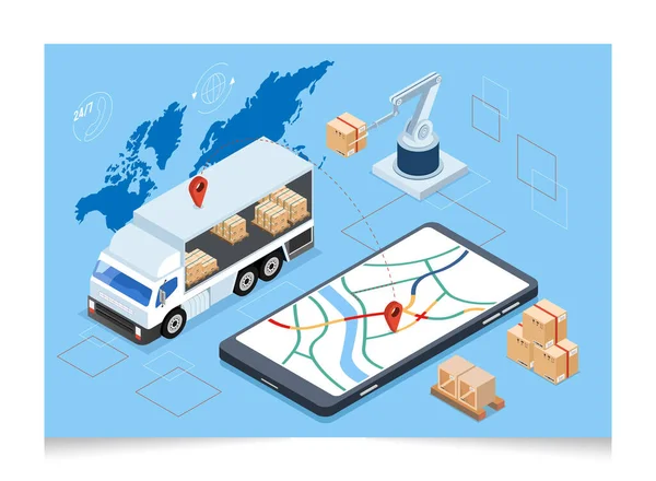 Isometric Concept Global Logistic Network Smart Logistics Delivery Transport Export — Wektor stockowy