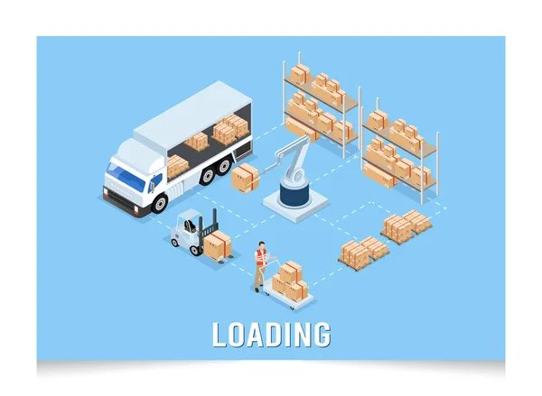 Isometric Logistics Warehouse Work Process Concept Transportation Operation Service Export — 스톡 벡터