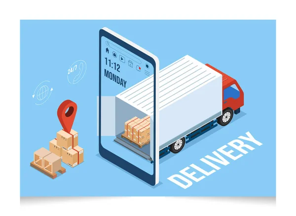 Concepto Servicios Logística Entrega Isométrica Con Cajas Productos Transporte Camiones — Vector de stock