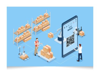 Taşımacılık, İhracat, İthalat, Kargo, Forklif, Teslimat Kamyonu ile 3D izometrik Depo Çalışma Süreci Konsepti. Vektör illüstrasyonu EPS 10